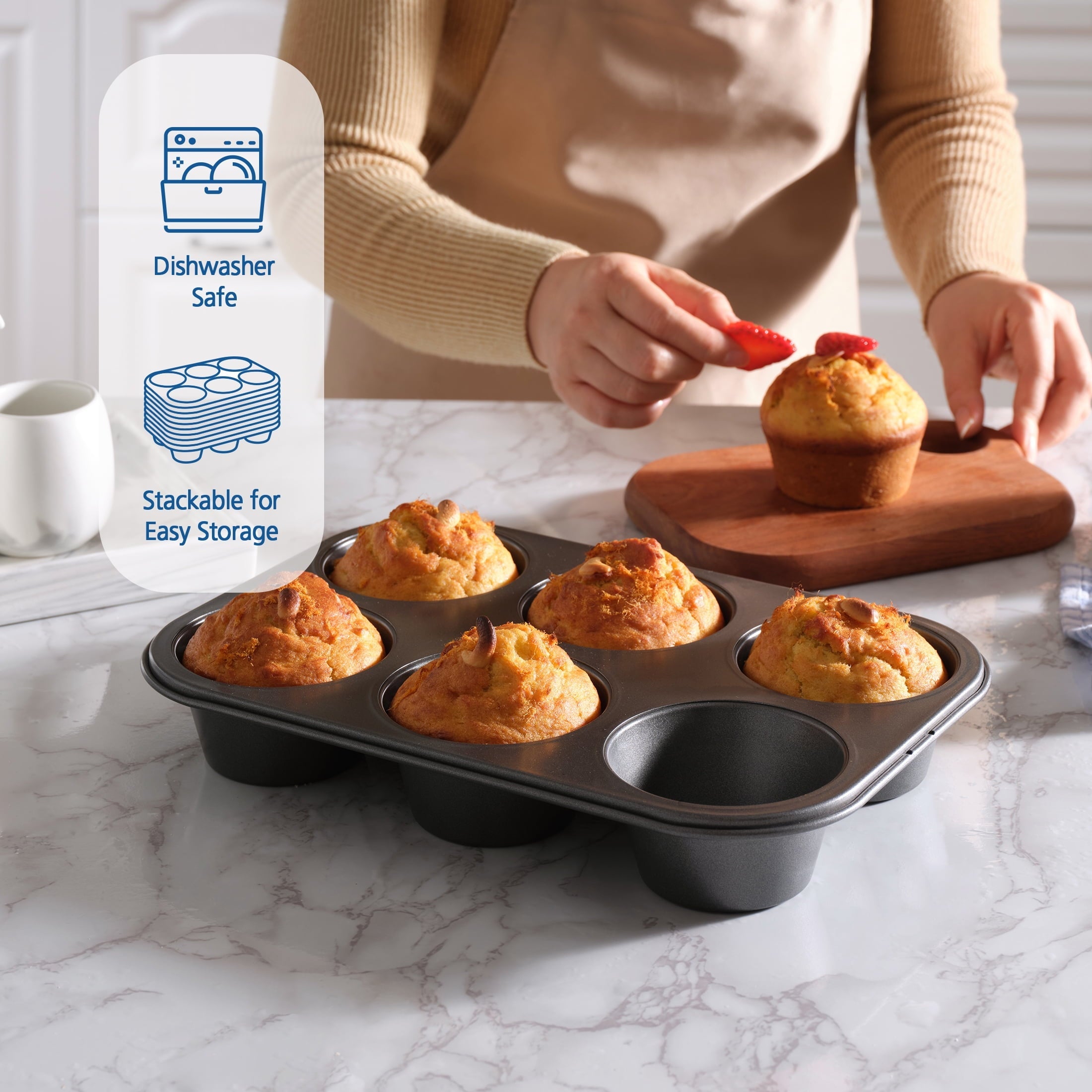 Mainstays 6 Cup Jumbo Muffin Pan, Non-Stick Bakeware,3.4 inch Diameter Cups,Gray,Carbon Steel - Image 2