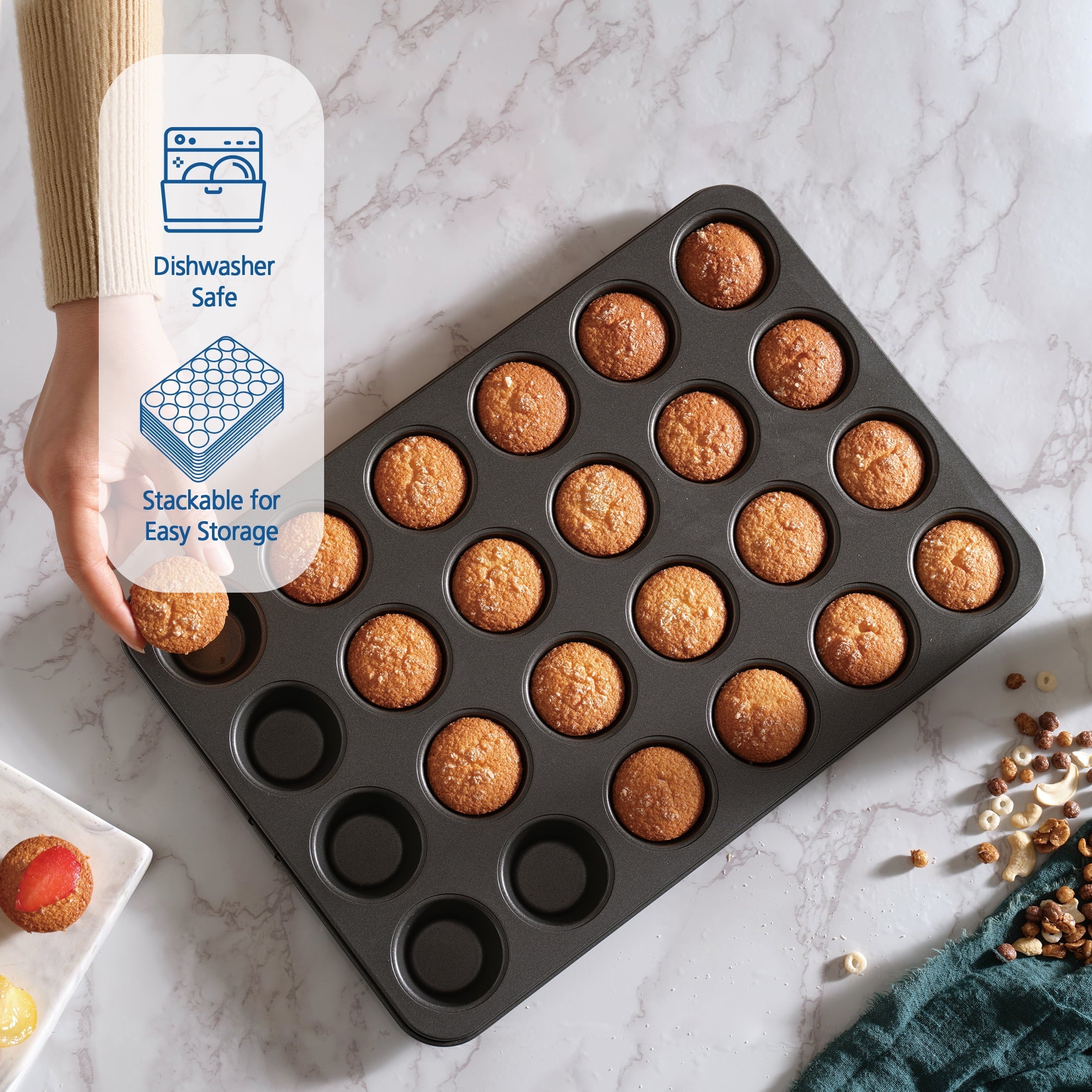 Mainstays 24 Cavity Mini Muffin Pan, Non-Stick Bakeware,1.8 inch Diameter Cups,Gray,Carbon Steel - Image 3