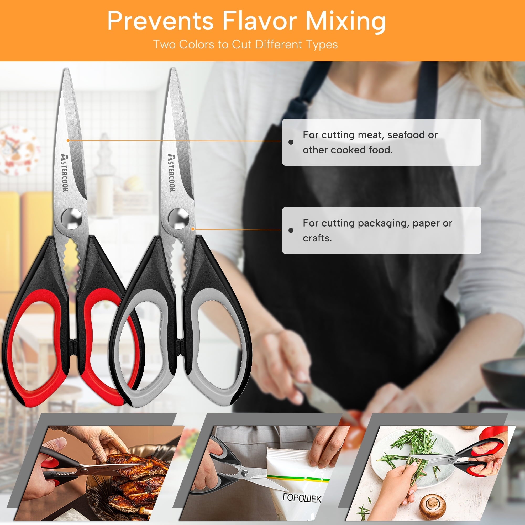 Astercook 2 Pcs Kitchen Scissors, Heavy Duty Shears with Serrated Blade, Ergonomic Handle Food Scissor for Poultry, H... - Image 6
